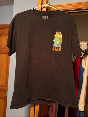 Black Short-Sleeve Graphic Tee with Colorful Pocket Print